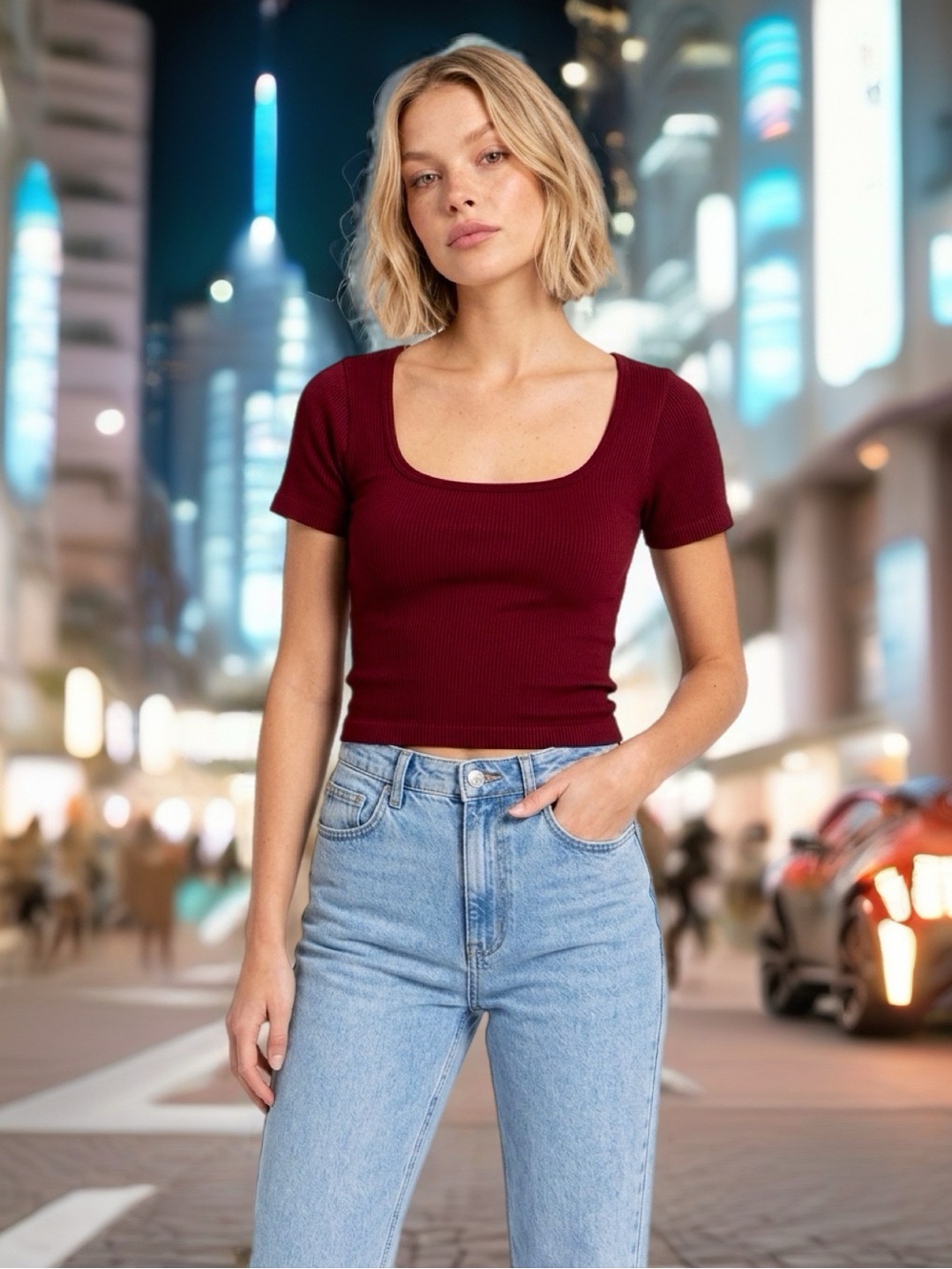 Ribbed Square-Neck Crop Top - Deep Burgundy